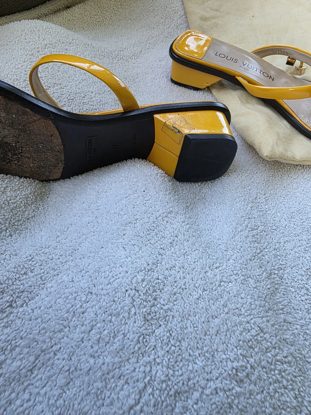 Louis Vuitton Patent Leather Yellow Strappy Square-Toe Sandals Size 37